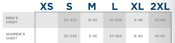 Size chart showing chest measurements for unisex apparel. Available sizes are XS through 2XL. Men's chest sizes: S (34–37"), M (38–40"), L (41–43"), XL (44–46"), 2XL (47–49"). Women's chest sizes: S (33–34"), M (35–36"), L (37–38"), XL (39–40"), 2XL (41–42").