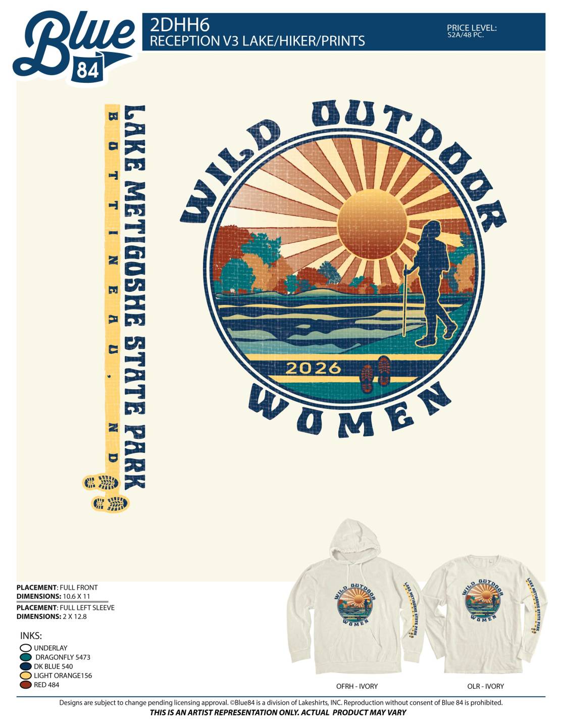 Mockup of the 2026 Wild Outdoor Women event apparel. The ivory long-sleeve T-shirt and hoodie feature a colorful circular design of a hiker overlooking Lake Metigoshe beneath a sunrise, with "Wild Outdoor Women" surrounding the artwork and "2026" at the bottom. "Lake Metigoshe State Park" is printed vertically down the left sleeve with boot prints near the cuff.